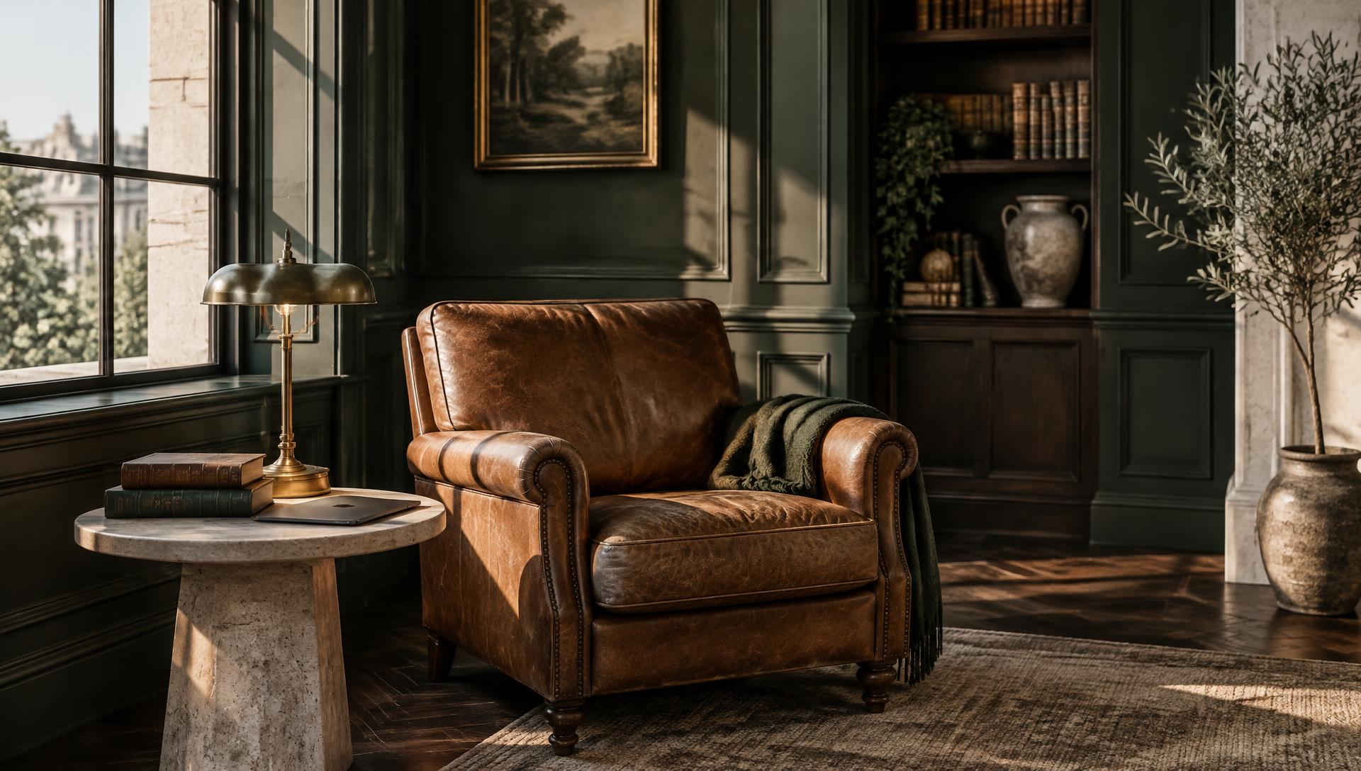 A quiet reading room in deep green paneling, with a leather armchair, brass lamp and a stack of bound volumes beside a closed laptop