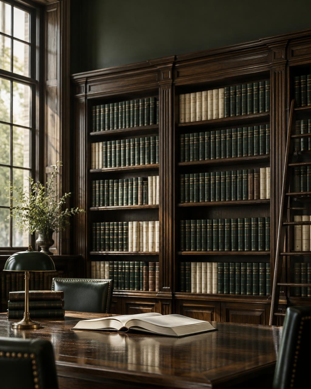 A quiet law library lined with leather-bound volumes of UK tax legislation