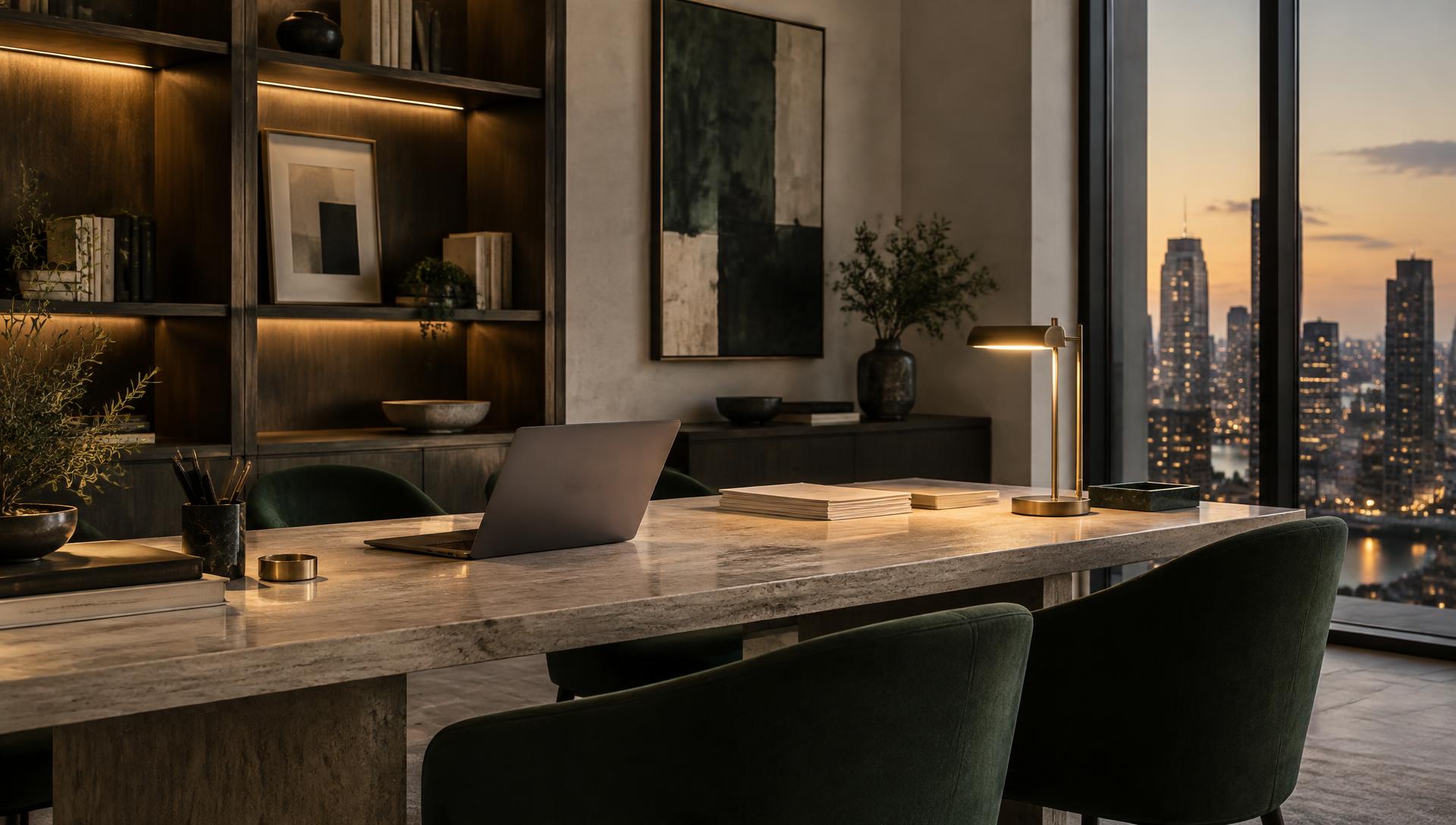 A quiet tax workspace: an open laptop and printed memoranda on a stone table beneath a brass lamp