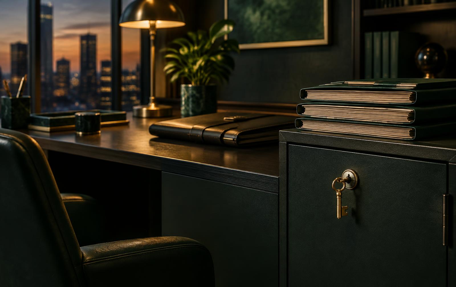 A locked document cabinet in a warm, dimly lit professional office